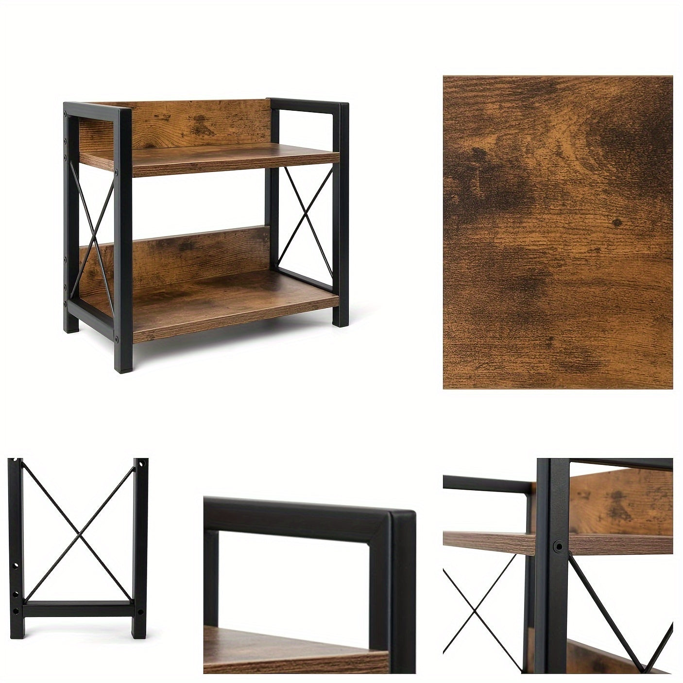 Country Brown Wooden Metal Countertop Organizer with Two Tiers for Kitchen Storage