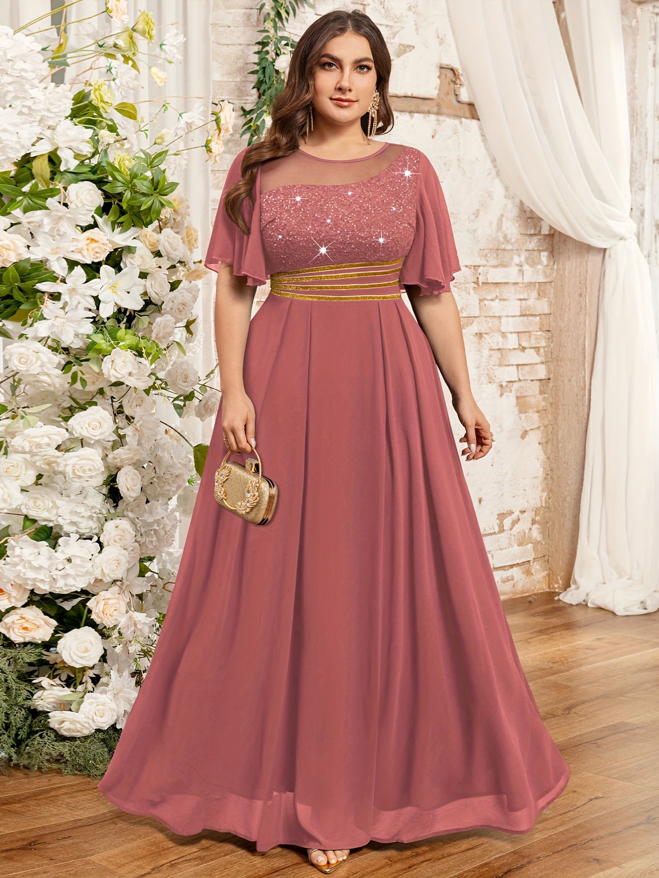 Plus Size Women's Mauve Lace Beaded Formal Floor-Length Dress for Weddings