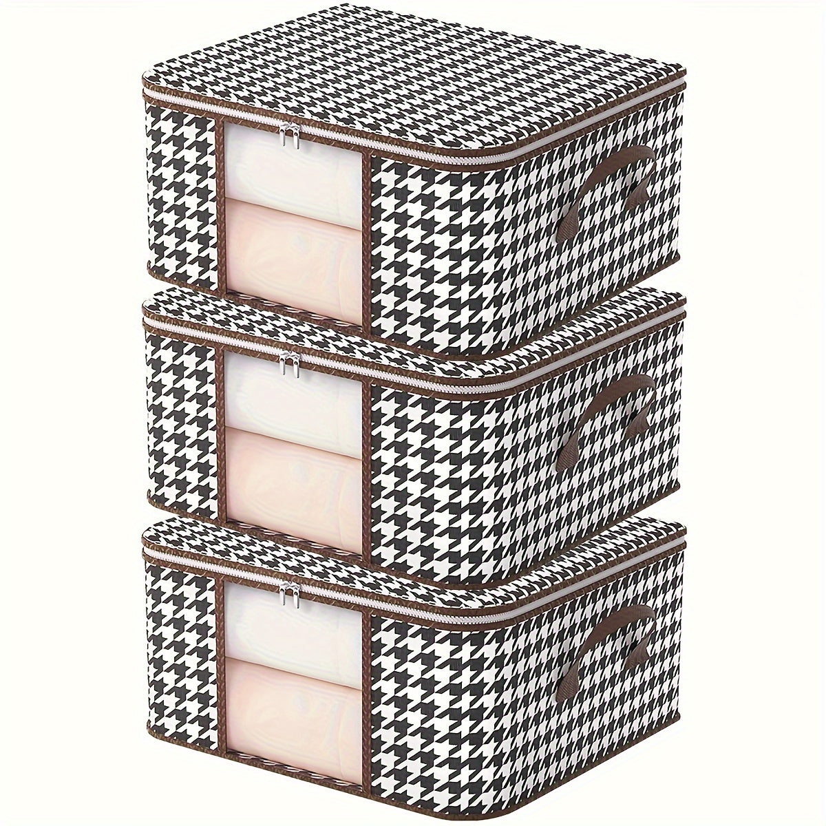 Houndstooth Pattern Clothes Storage Bag with Transparent Window Non-Woven Foldable Dustproof Organizer