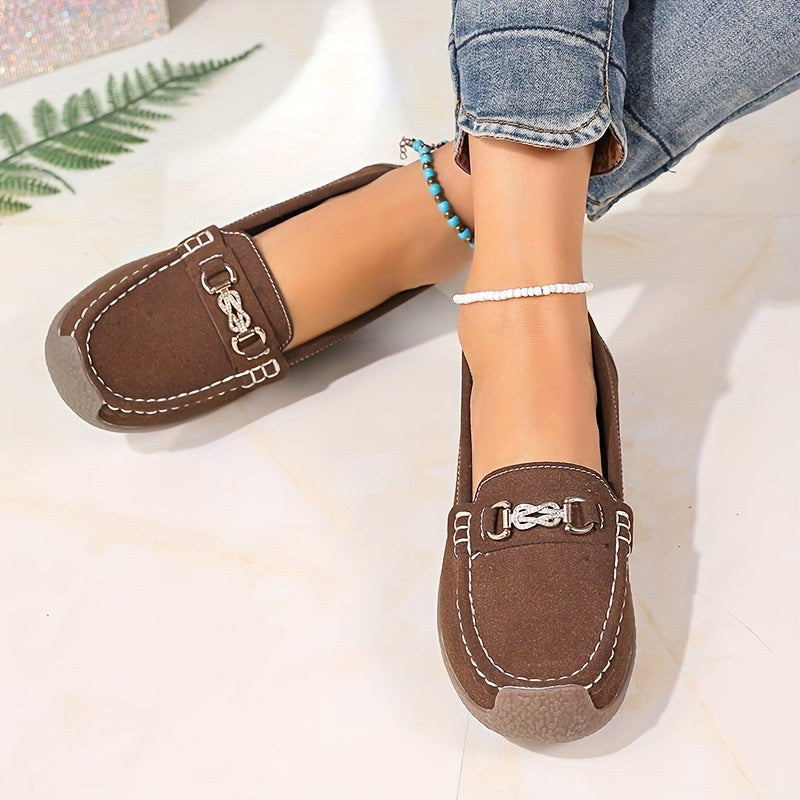 Women's Slip-On Loafers Leather Casual Flats with Metallic Buckle Black Brown Beige