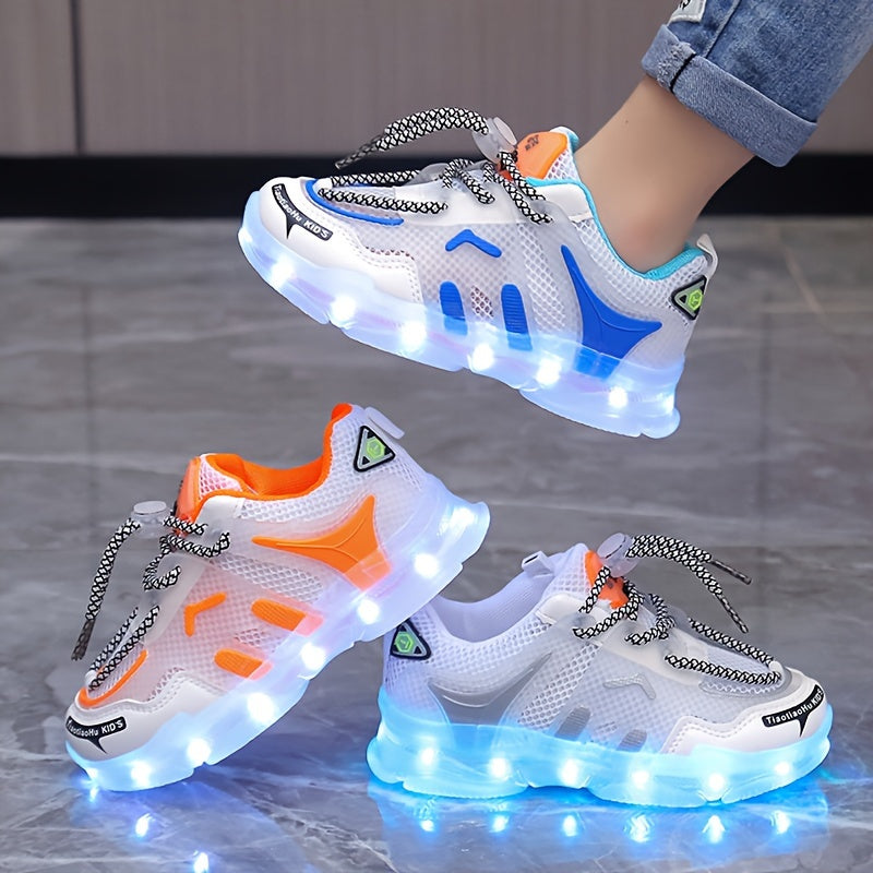 Kids LED Light-Up Sneakers Breathable Mesh Non-Slip Soft Sole for Boys Girls Toddler Children in White Blue Orange