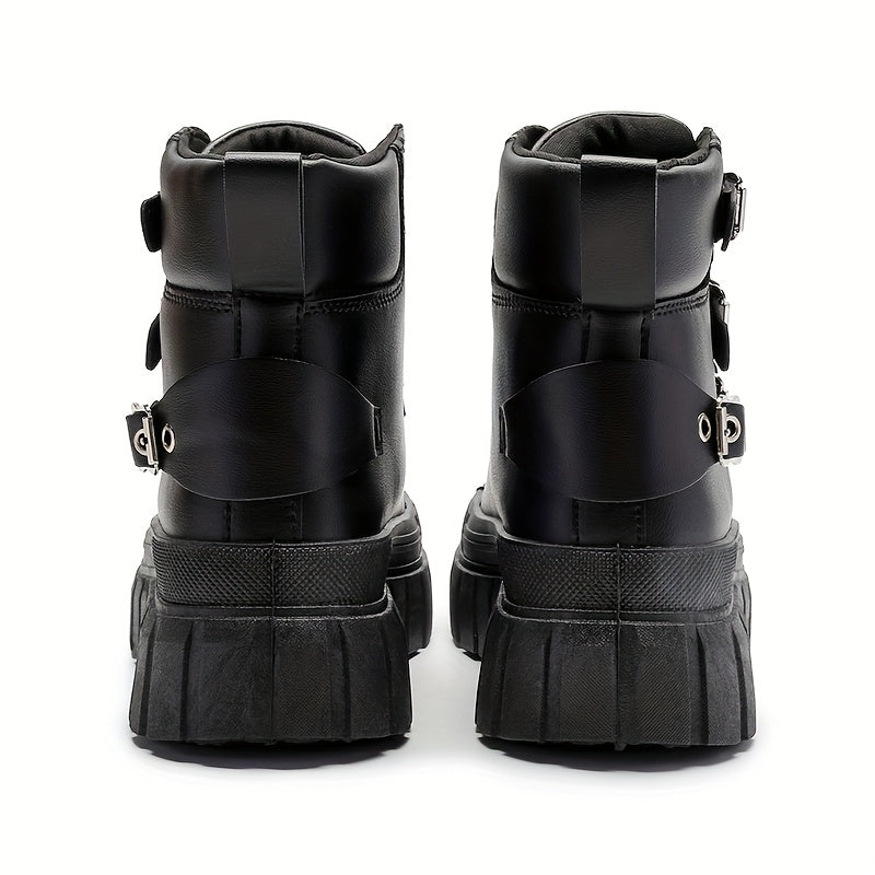 Women’s Black Motorcycle Boots with Metal Buckles and Thick Sole