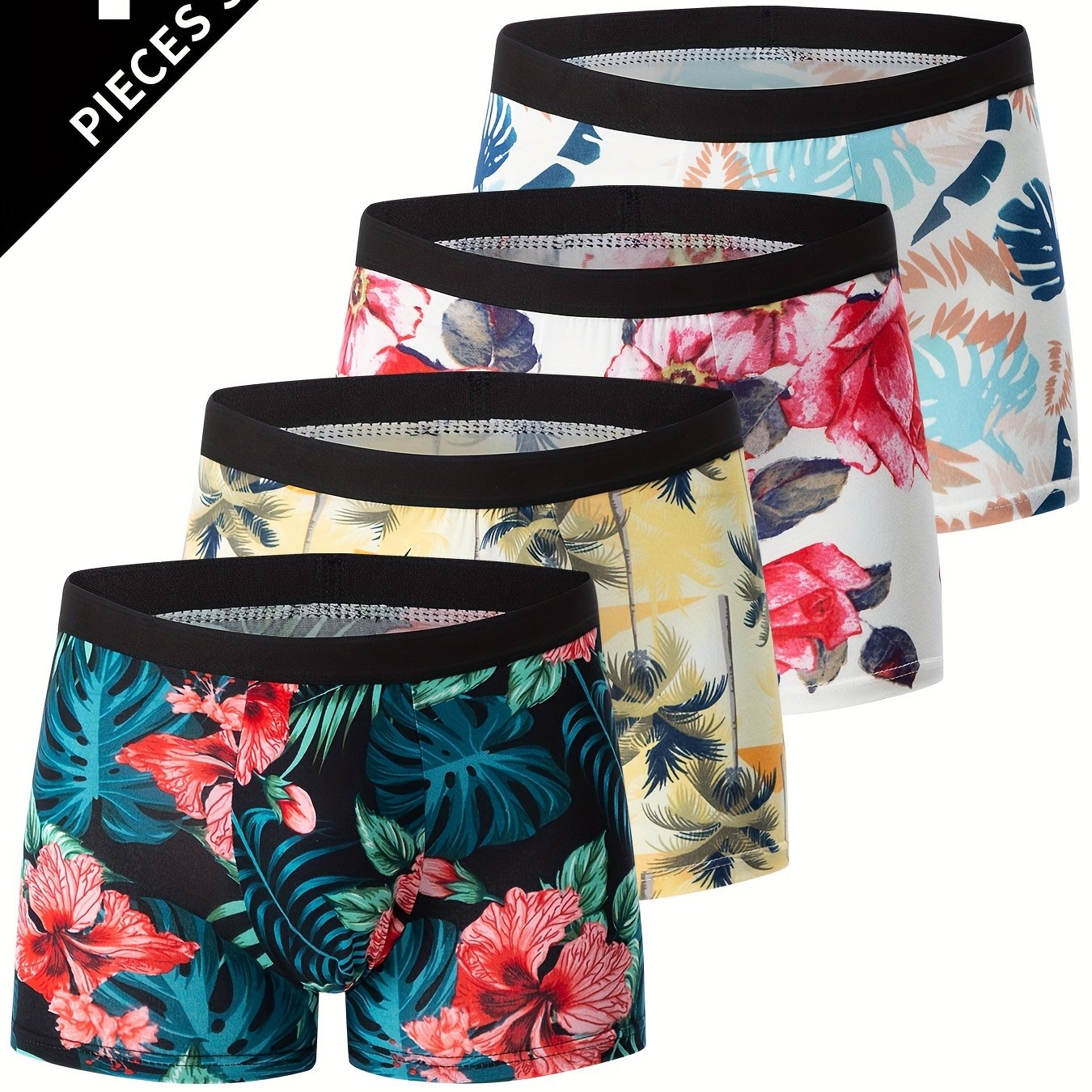 Men's Breathable Stretch Boxer Briefs with Flower Pattern 4 Pack