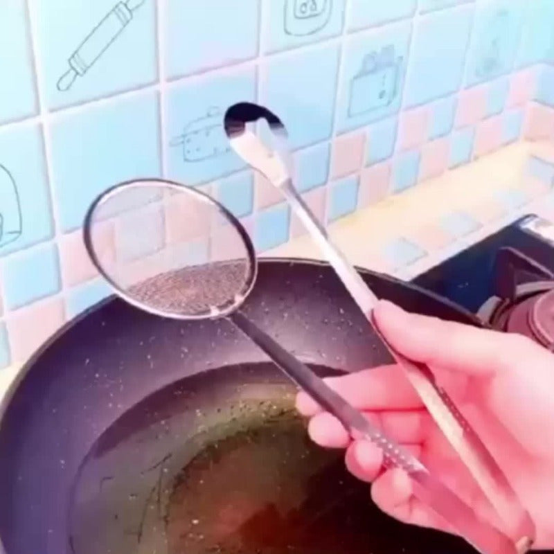 Juego de pinzas para freír y colador de acero inoxidable, resistentes al calor, plegables, reducción de goteo de aceite