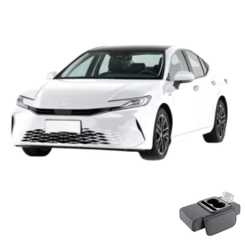 Faux Leather Car Armrest Storage Box Universal Fit All-Season Organizer for Water Cups Phones Tissues