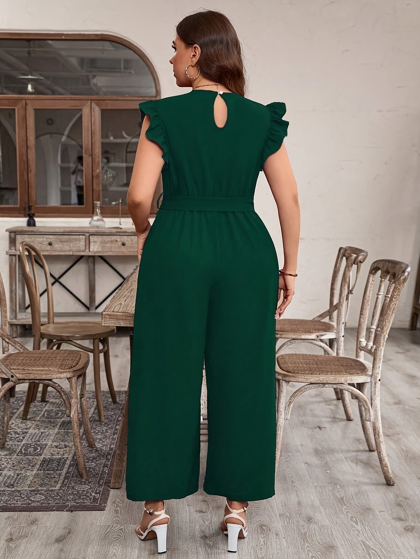 Women's Ruffled Sleeve V-Neck Belted Jumpsuit Solid Color Non-Stretch Fabric
