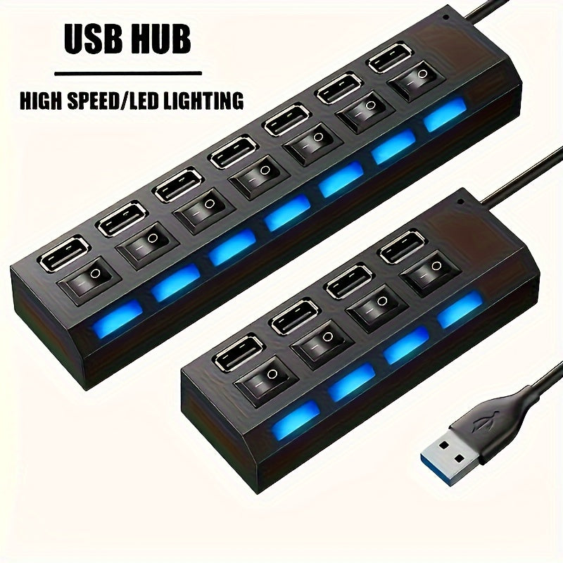 USB Hub with 4 or 7 Ports LED Light and Power Switch for PC Laptop
