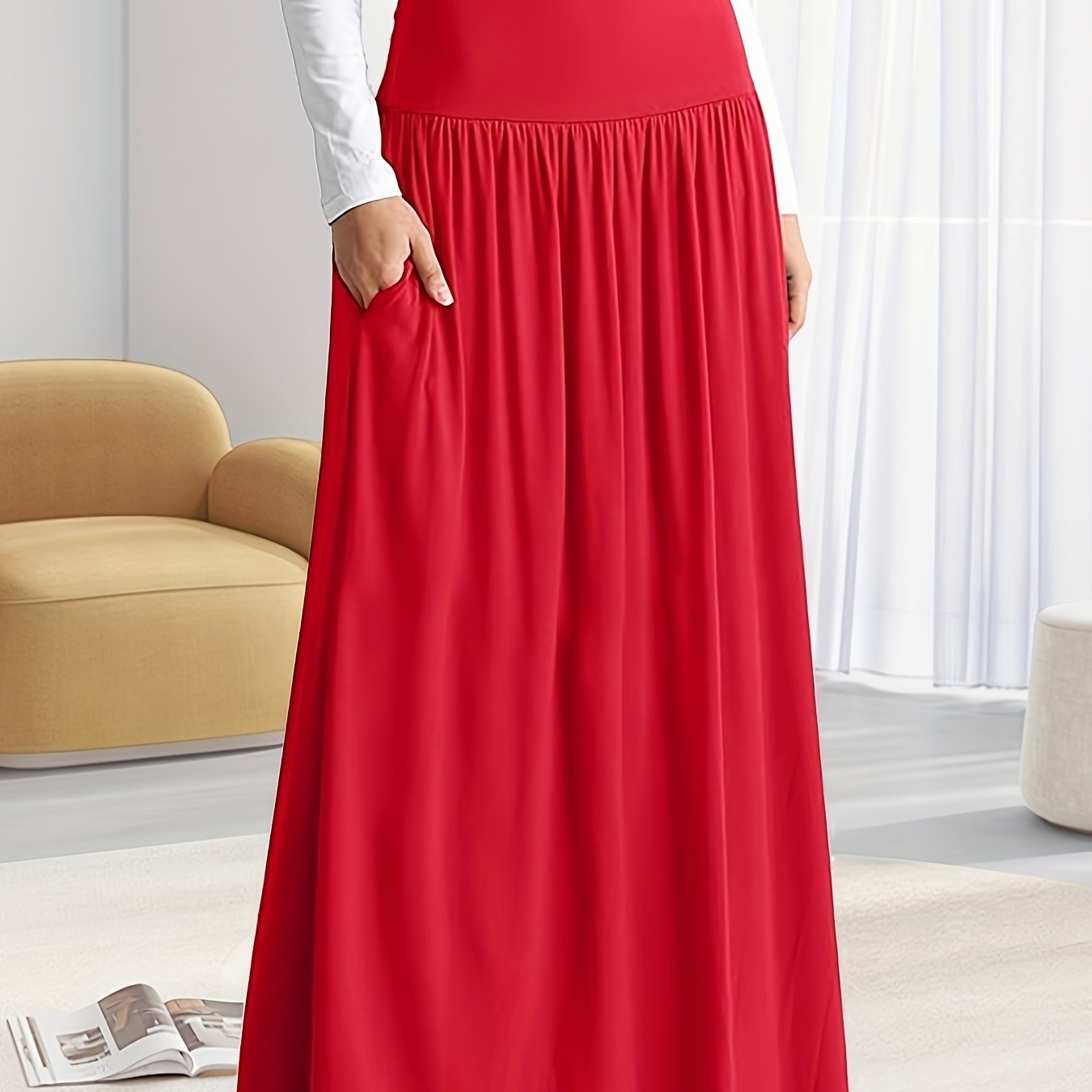 Women's Plus Size Ruched High Waist Maxi Skirt Casual Spring Summer