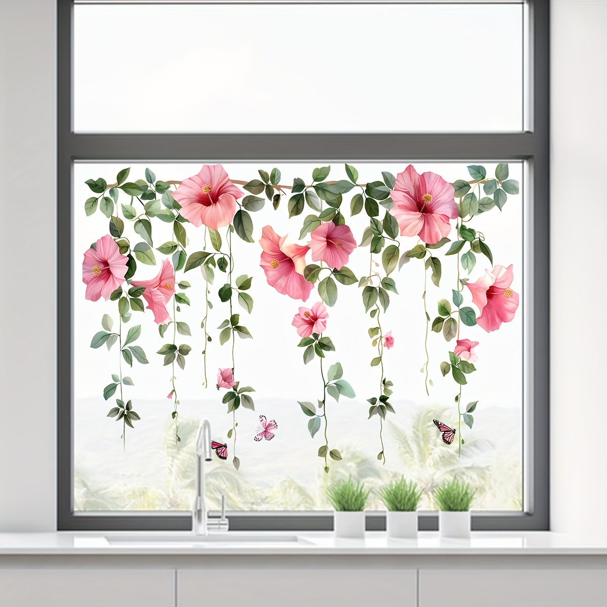 Pink Flower Window Decals with Butterfly, Self-Adhesive Glass Sticker, Removable Murals