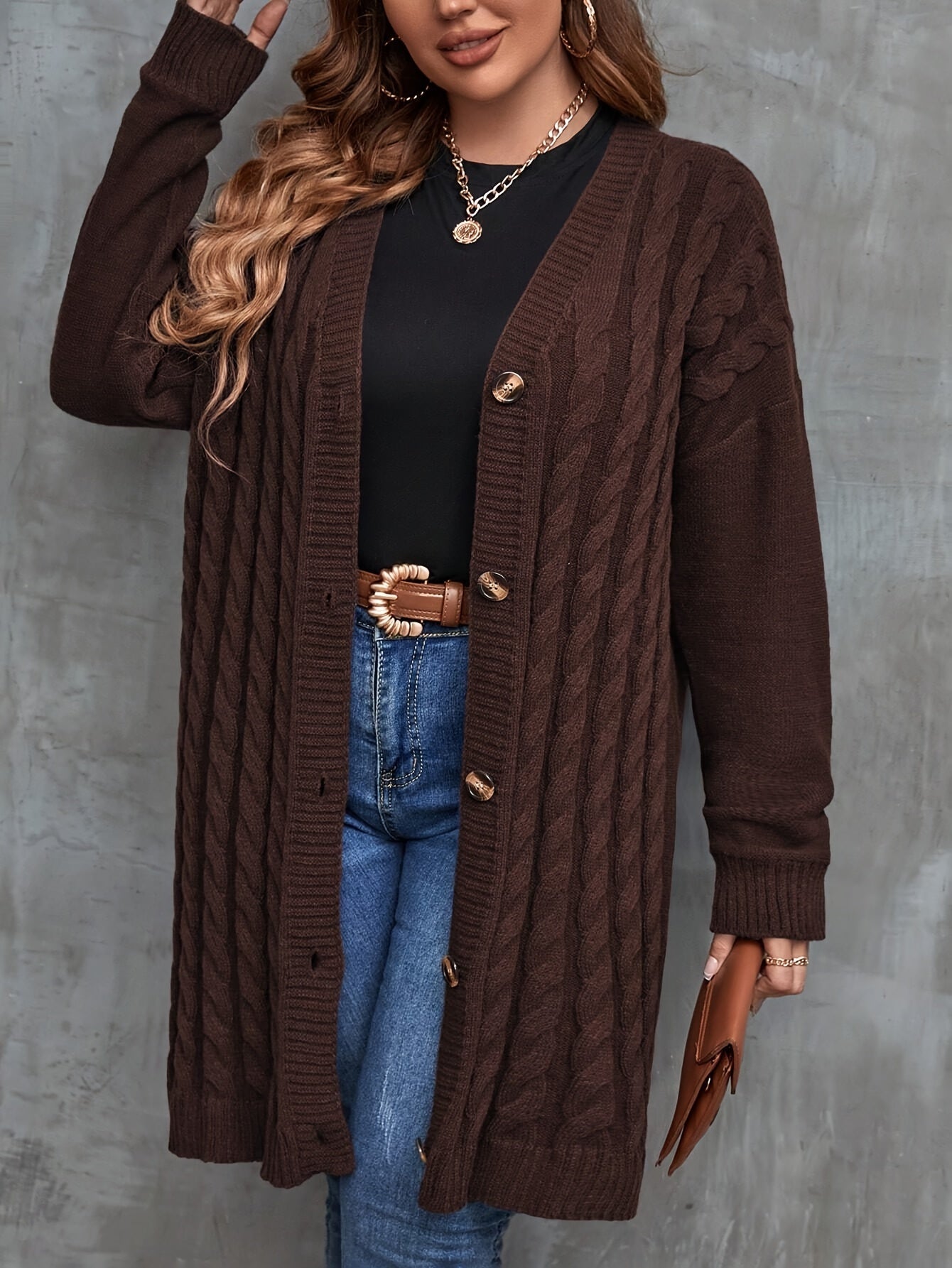 Plus Size Elegant Knit Polyester Cardigan for Fall Winter
