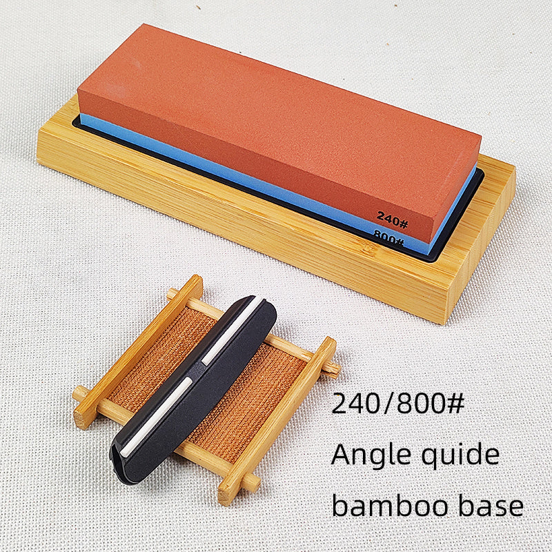 3-in-1 Knife Sharpening Kit with Whetstone, Bamboo Base, Angle Guide, Non-Slip Grip