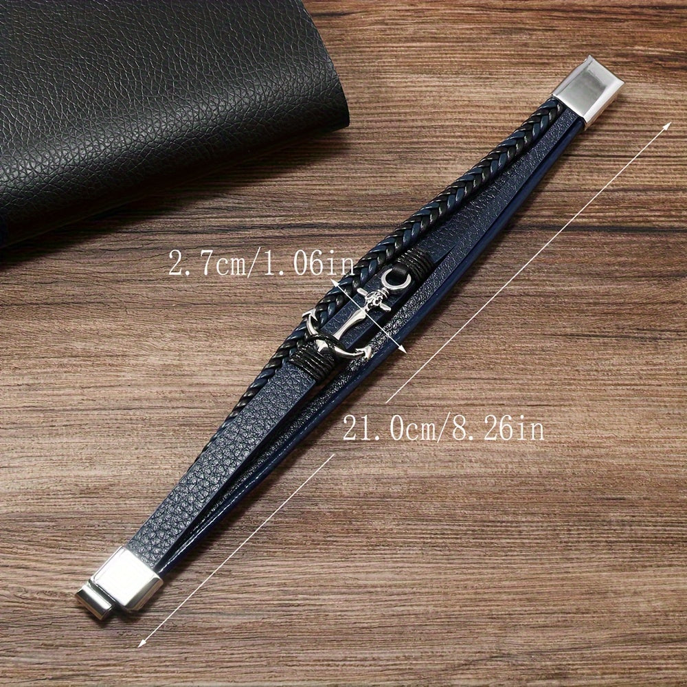 Minimalist Anchor Leather Bracelet for Men Black PU Leather Jewelry