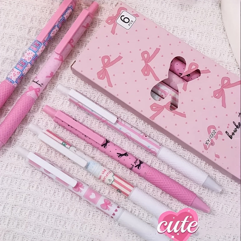 Set of 6 Pink Bowknot Gel Pens 0.5mm Fine Point for Office and School
