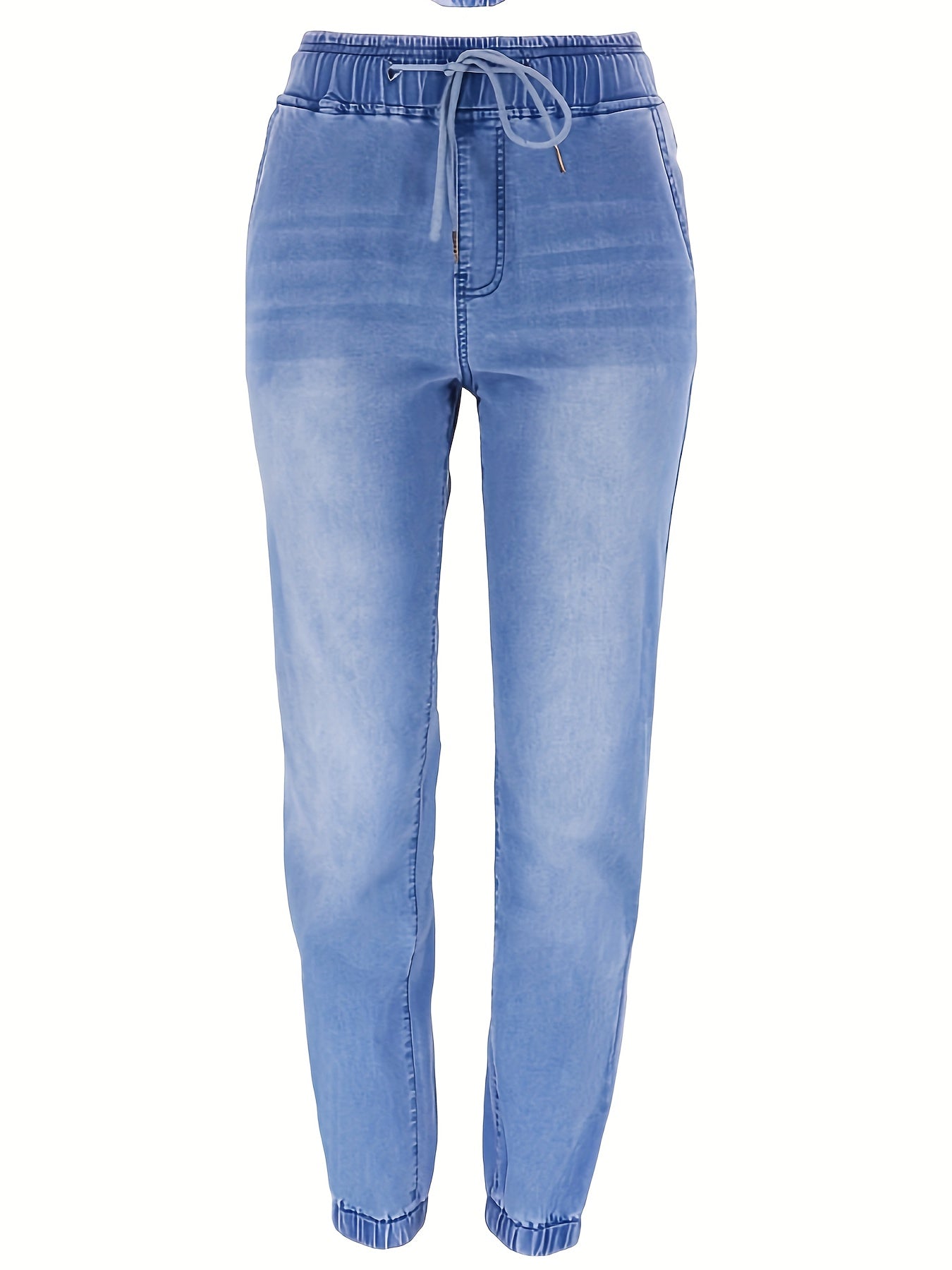 Ayollar uchun plussiz o'lchamdagi tortishqichli jogger jinsilar, elastik bel bilan, 65% viskoza, 20% polyester, 14% nylon va 1% spandeksdan tayyorlangan o'rtacha cho'ziluvchan denim, tasodifiy dam olish kunlari uchun mukammal.