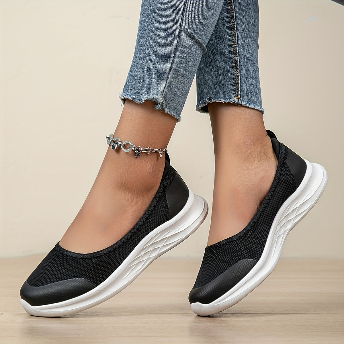 Women's Slip-On Loafers Breathable Mesh Casual Shoes Light Pink White