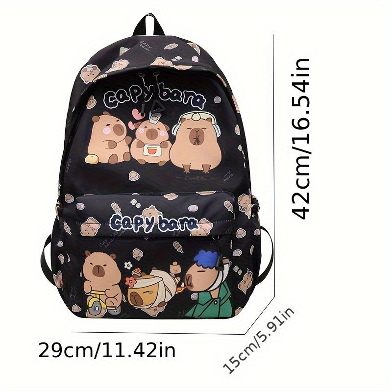 Cute Capybara Pattern Backpack Large Capacity Nylon School Bag with Adjustable Straps