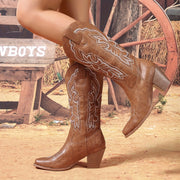 Women's Western Embroidered Cowboy Boots Mid-Calf Chunky Heel Slip-On