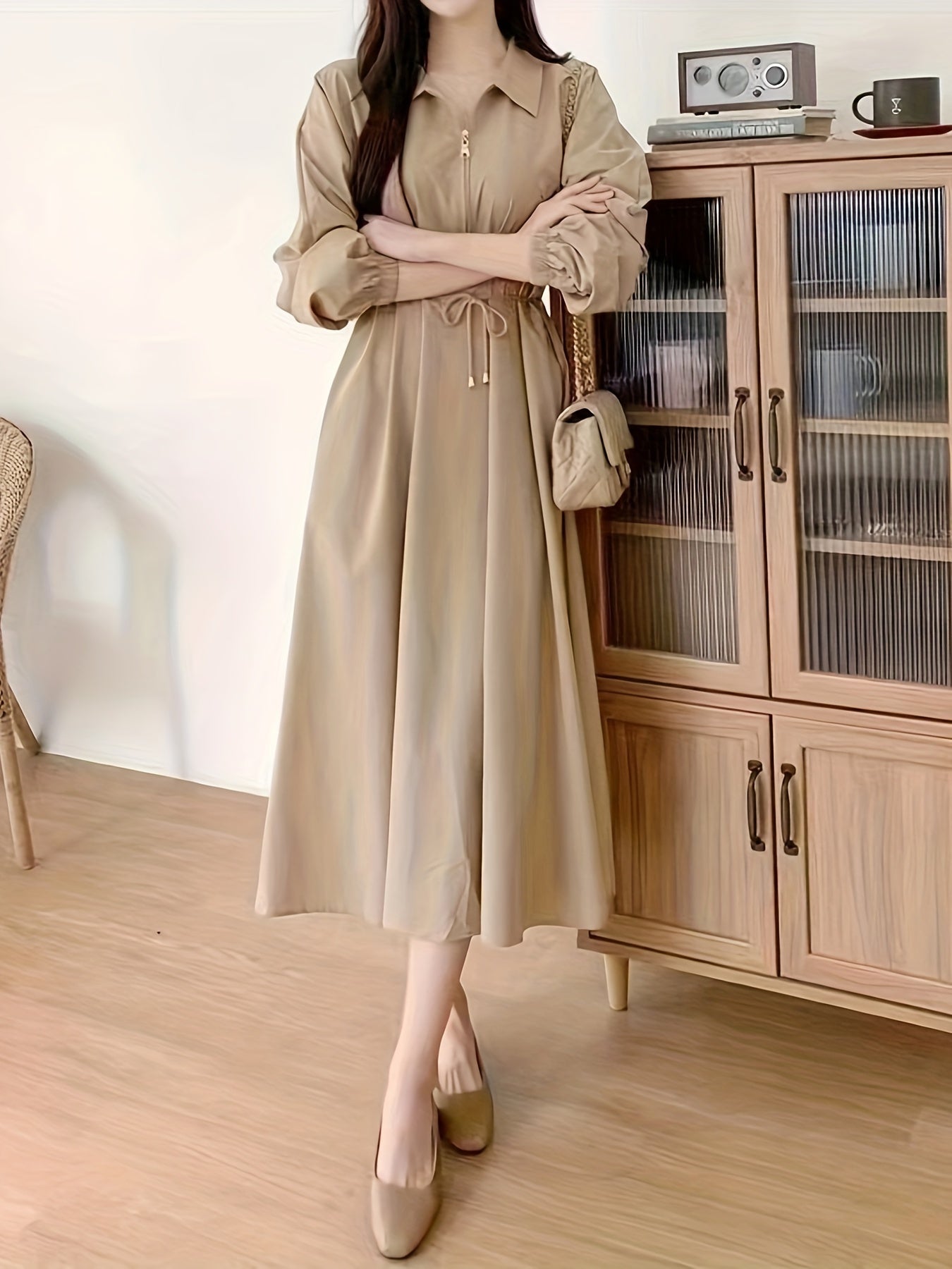 Women's Solid Color Midi Dress with Lapel Collar Zipper Pockets Long Sleeve Polyester