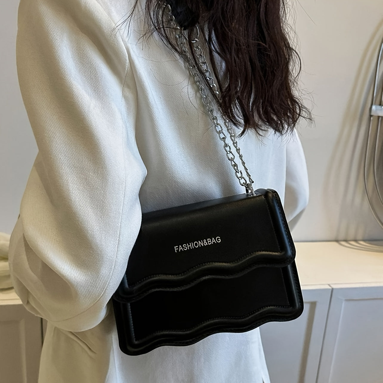 Small Square PU Crossbody Bag with Scallop Detail and Chain Shoulder Strap