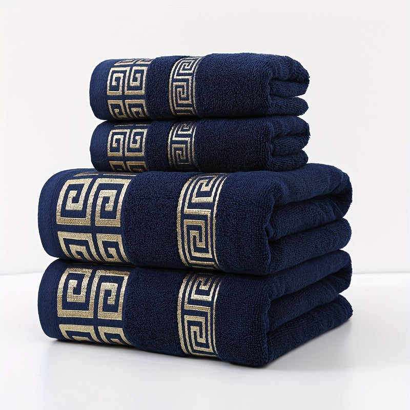 Luxury Cotton Bath Towel Set 4 Pieces Geometric Embroidery 400GSM Soft Absorbent