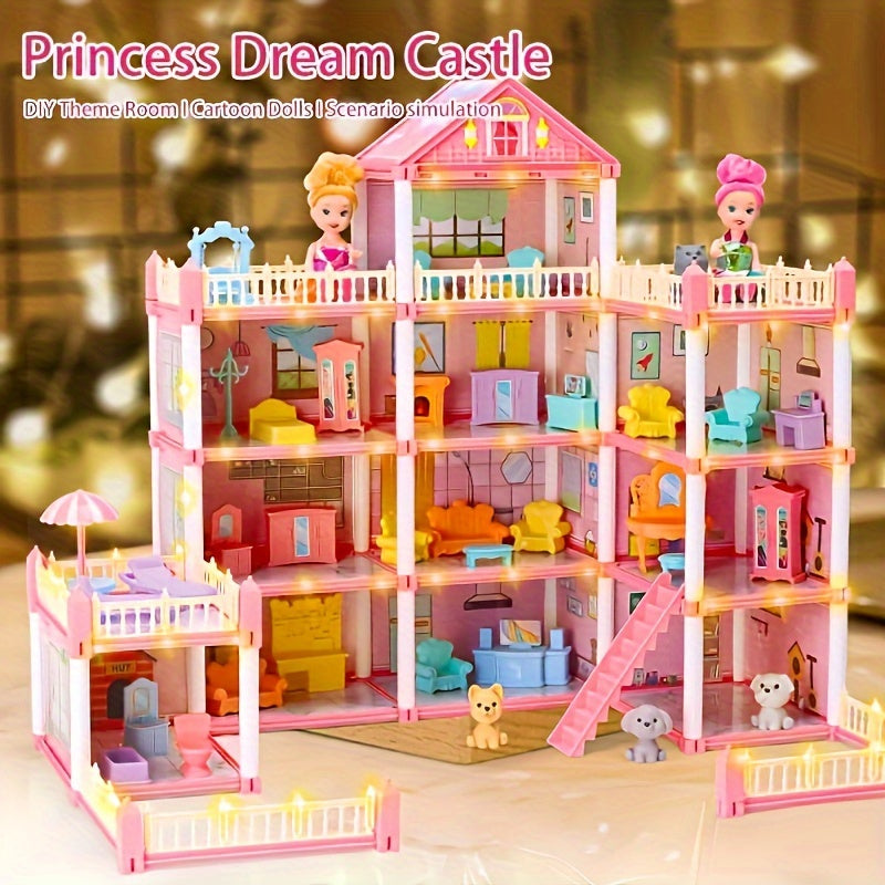 4-Story Princess Castle Dollhouse Playset for Girls with 2 Dolls Furniture Accessories