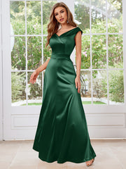 Elegant Satin V-Neck Floor-Length Evening Dress for Women Sleeveless Solid Color Polyester