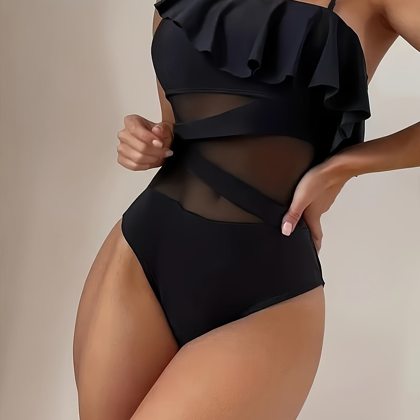 Women's Black One-Piece Swimsuit with One-Shoulder Mesh and Ruffle Details