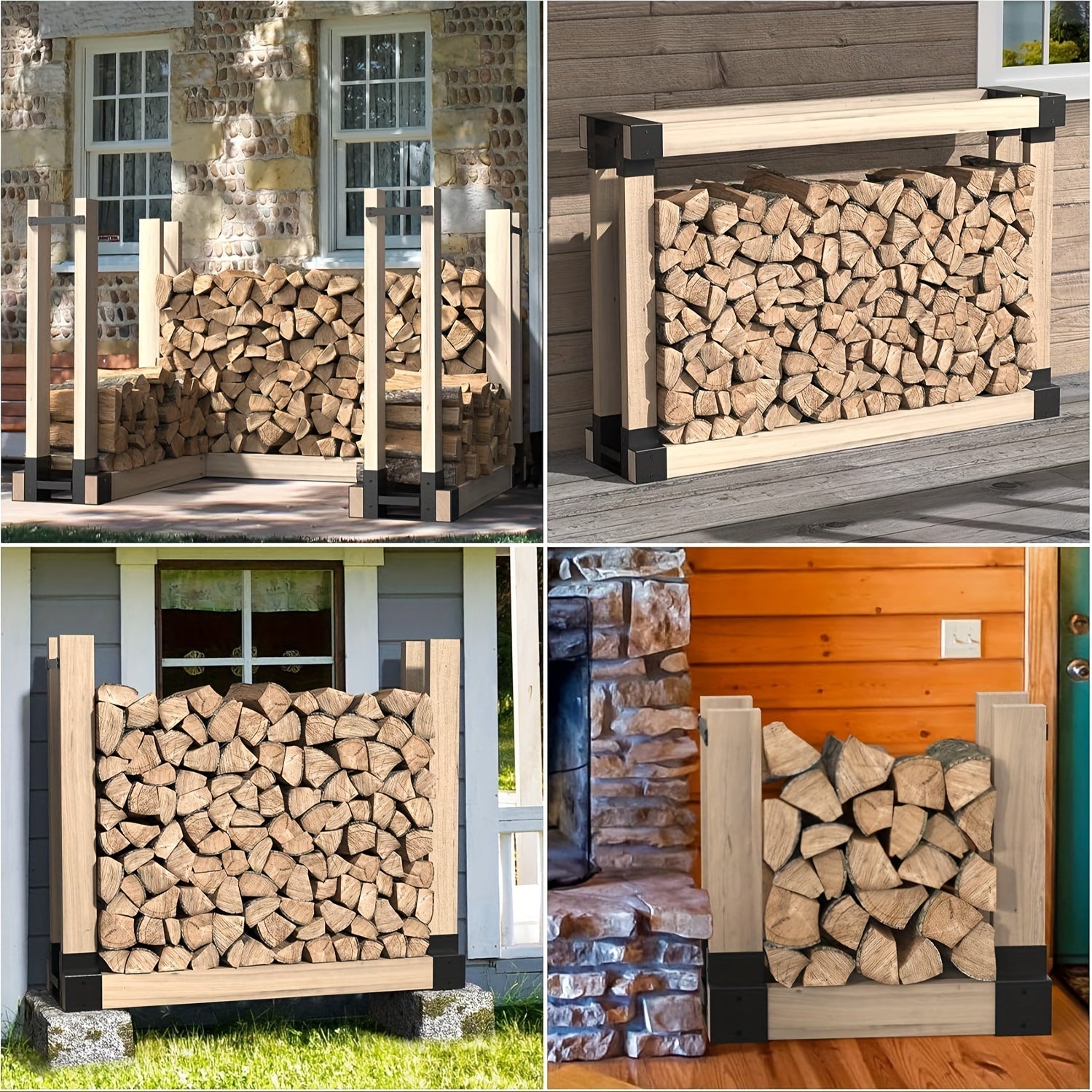Firewood Rack Kit Indoor Outdoor Adjustable Rustproof Iron Fireplace Deck Patio