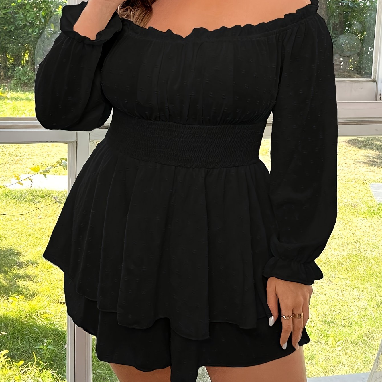 Women's Plus Size Off-Shoulder Ruffled Sleeve Jumpsuit Black Casual Elegant Romper