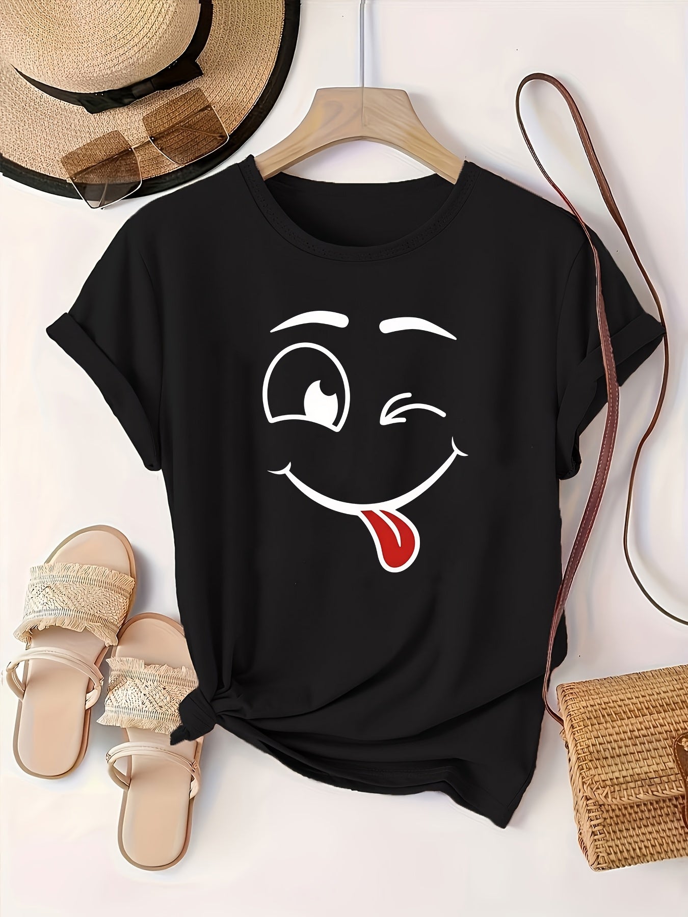Plus Size Black Cotton Short Sleeve T-Shirt with Smile Print