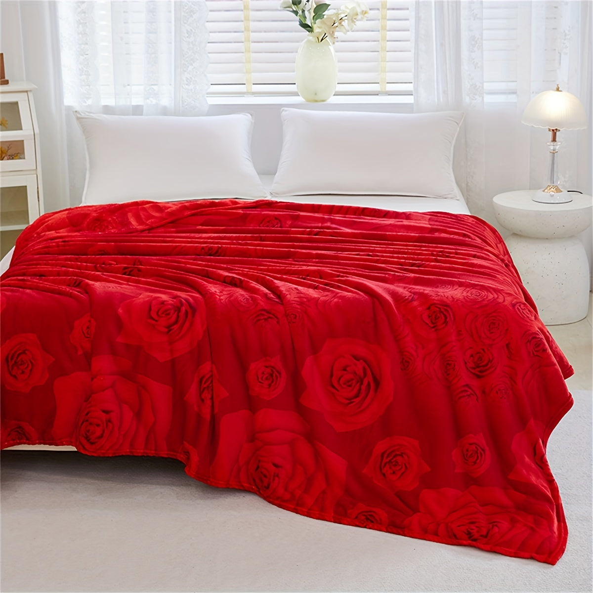 Soft Rose Pattern Bed Blanket for Sofa Bed Camping Travel and Gift