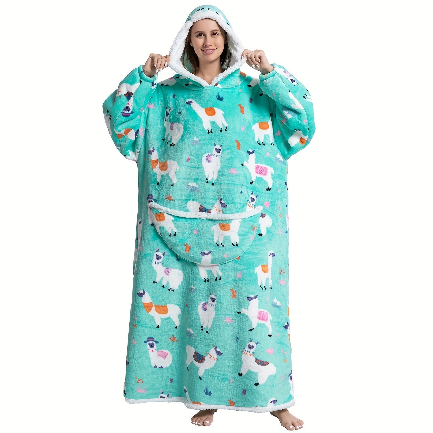 Adult Wearable Blanket Hoodie with Flannel Animal Print Oversized Cozy Knit