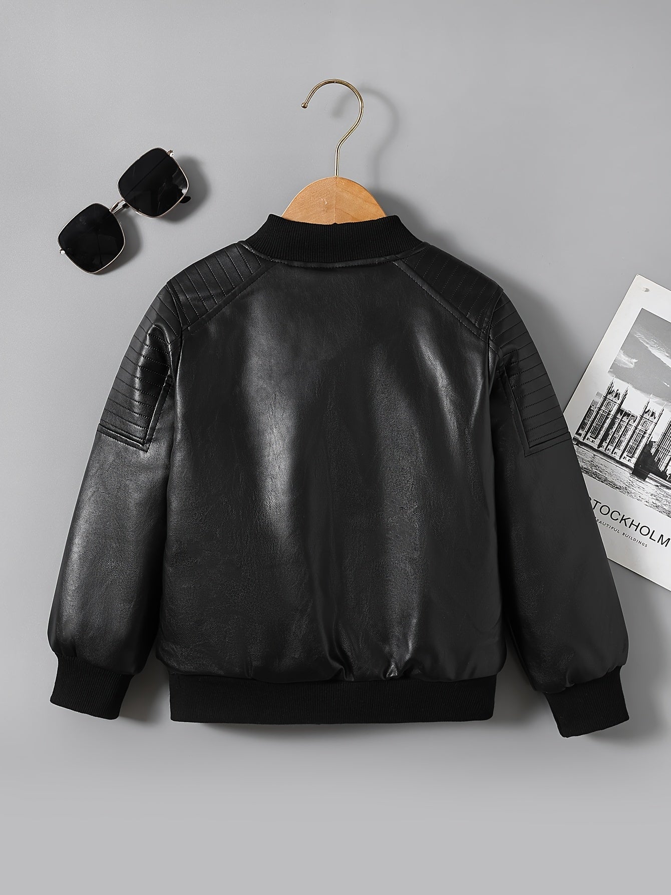 Kids Winter Faux Leather Parka Jacket with Polyester Filling Solid Color Regular Fit