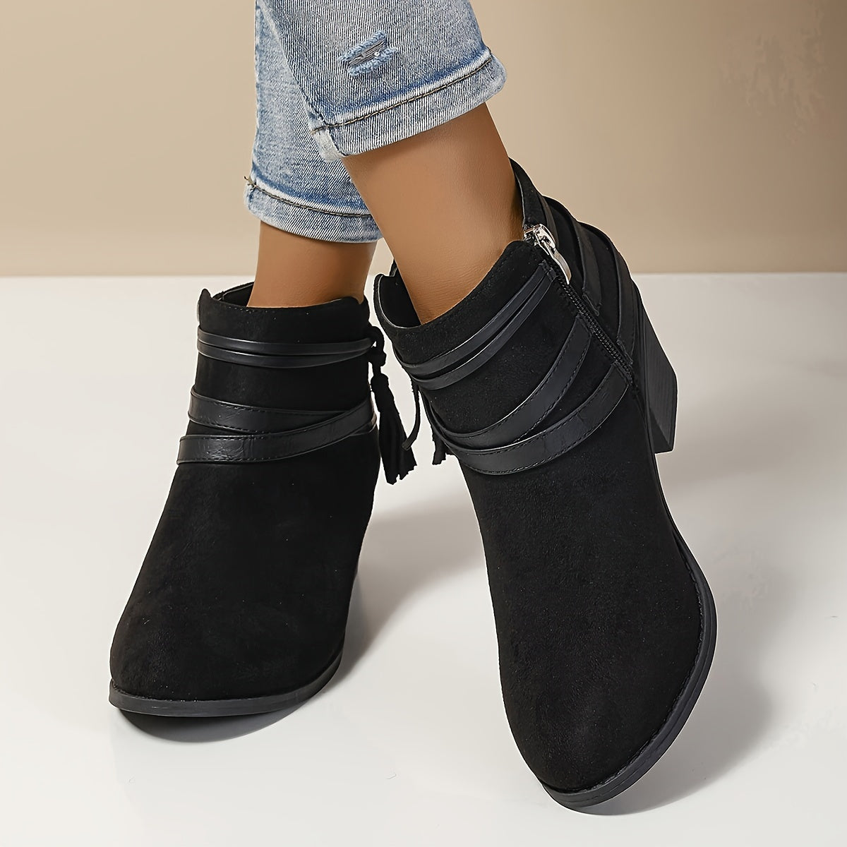 Women's Fabric Mid-Heel Ankle Boots with Tassel & Side Zipper