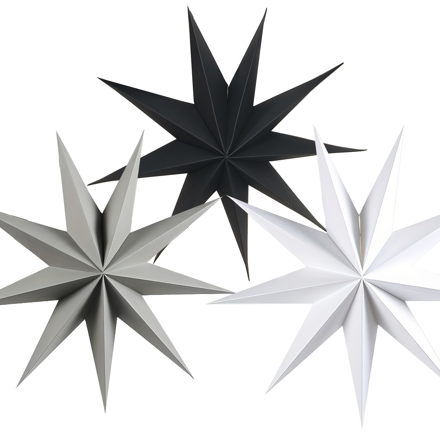 Set de 3 faroles de papel 3D en forma de estrella, decoraciones navideñas para interior, 30.48cm, negro, gris, blanco