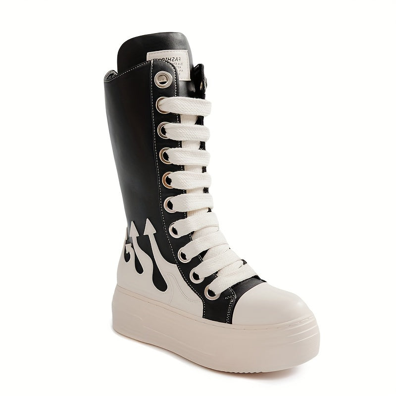 Women's Knee High Boots Solid Color Round Toe Platform Lace-Up Boots