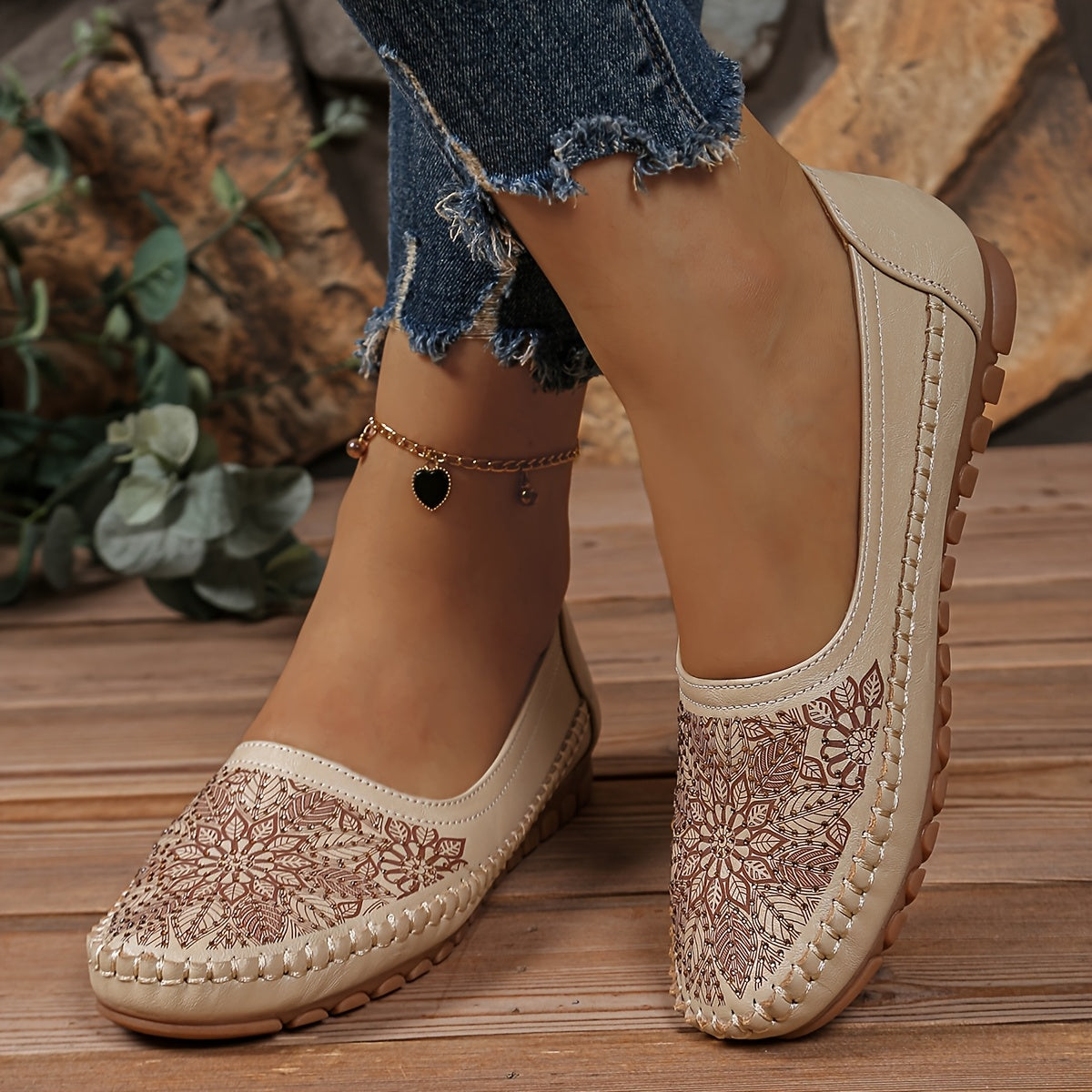Women's Leather-Embroidered Slip-On Penny Loafers Flat Shoes