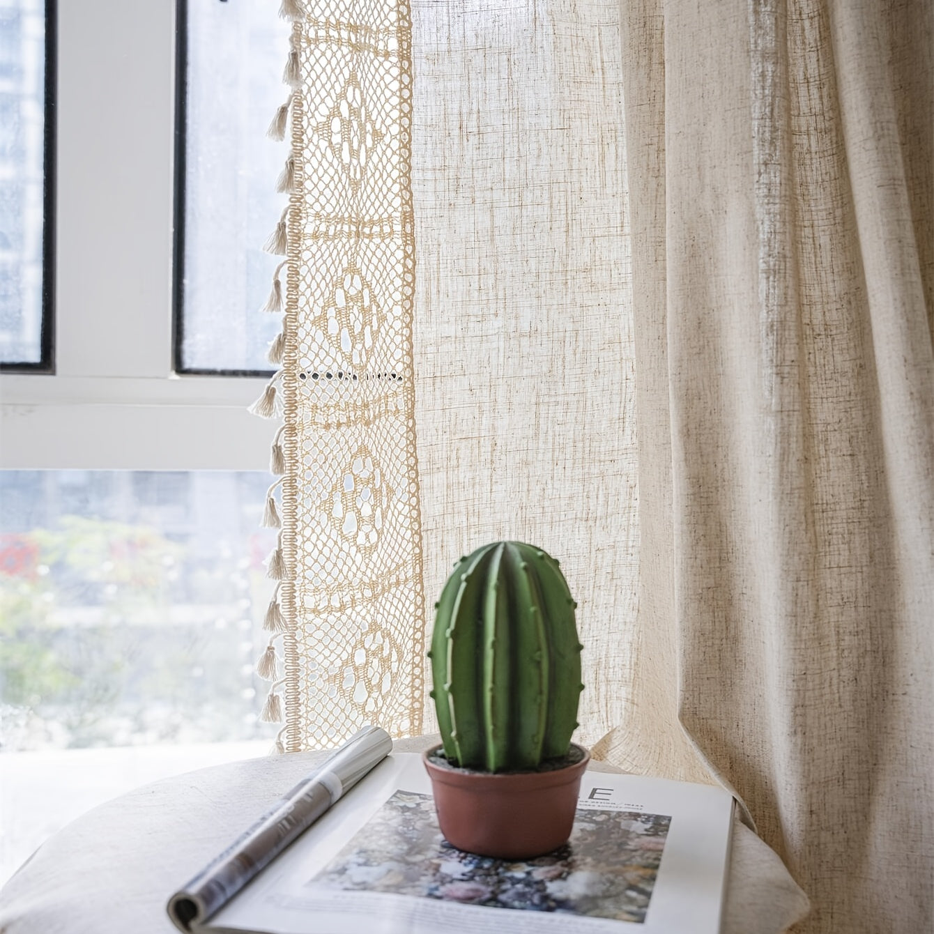 Linen Crochet Curtain with Tassels Semi-Sheer Rod Pocket Farmhouse Style for Living Room Bedroom Kitchen