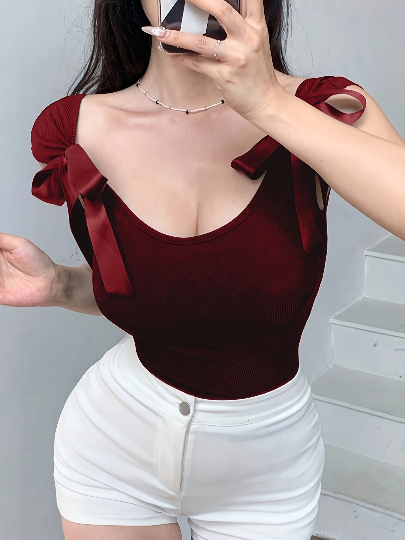 Women's White Backless Bowknot Shoulder Crop Top Polyester Blend Ribbed Texture Spring Summer Fall