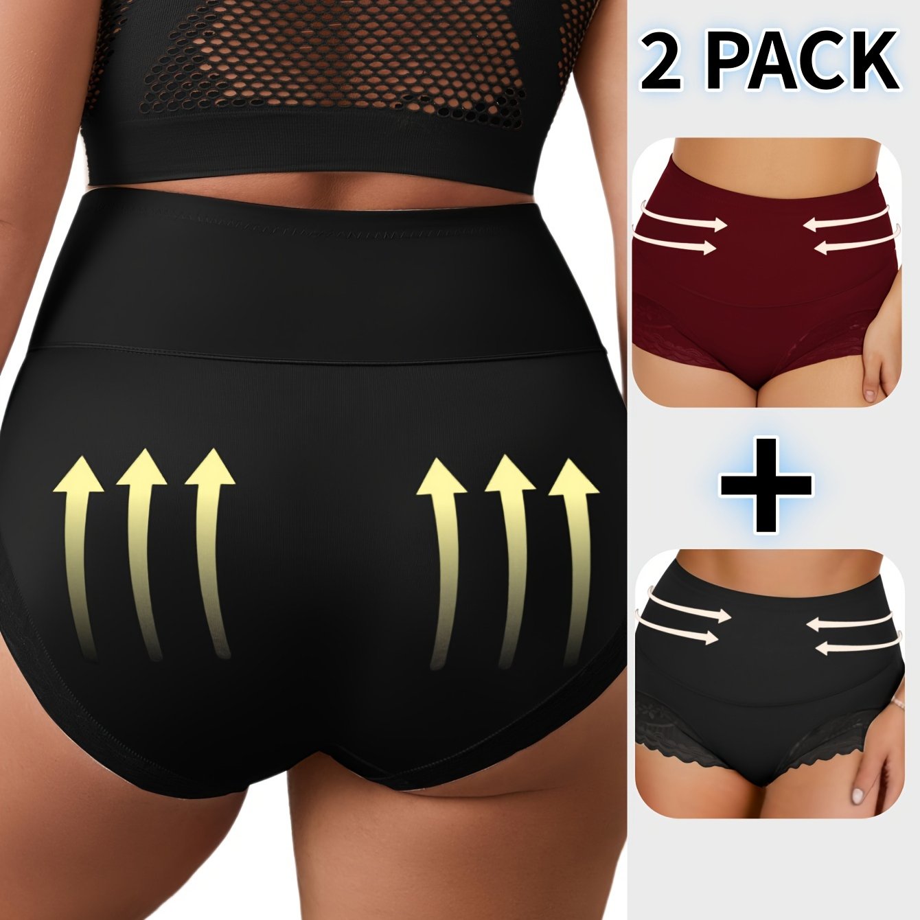 Plus Size High Waist Tummy Control Panties 2-Pack Breathable Lace Underwear