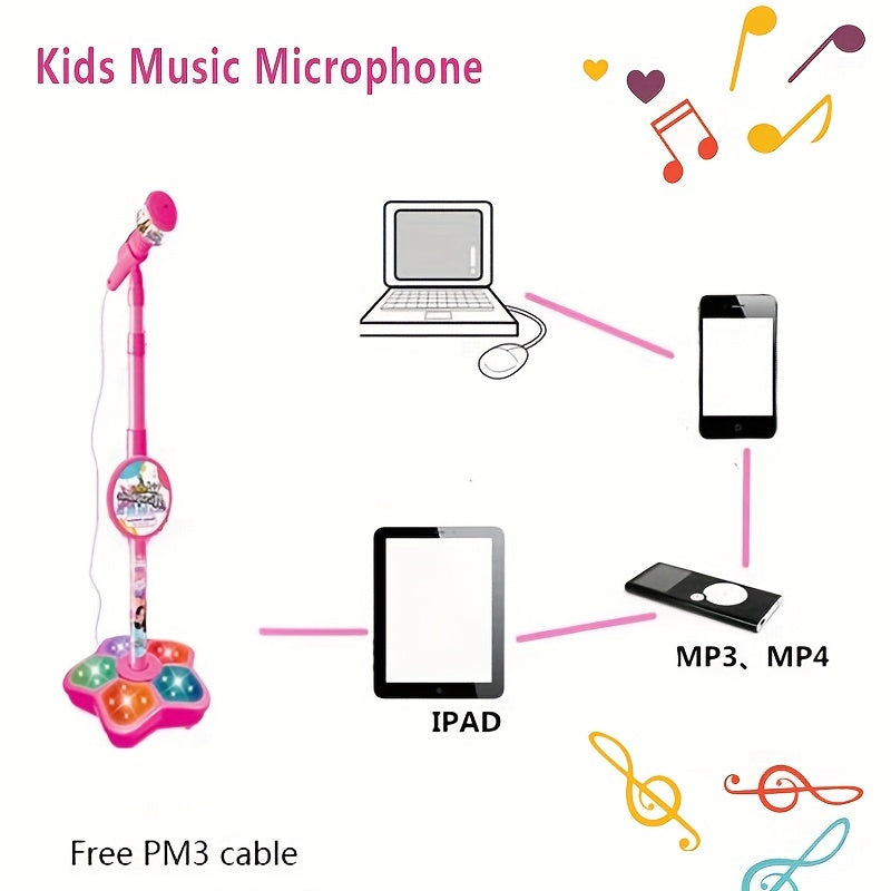 Kids' Karaoke Microphone with Stand Adjustable Height Light Effects MP3 Connectivity for Children