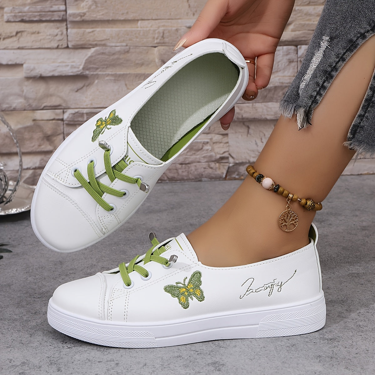 Women's Butterfly Embroidered Casual Sneakers White Lightweight Low Tops