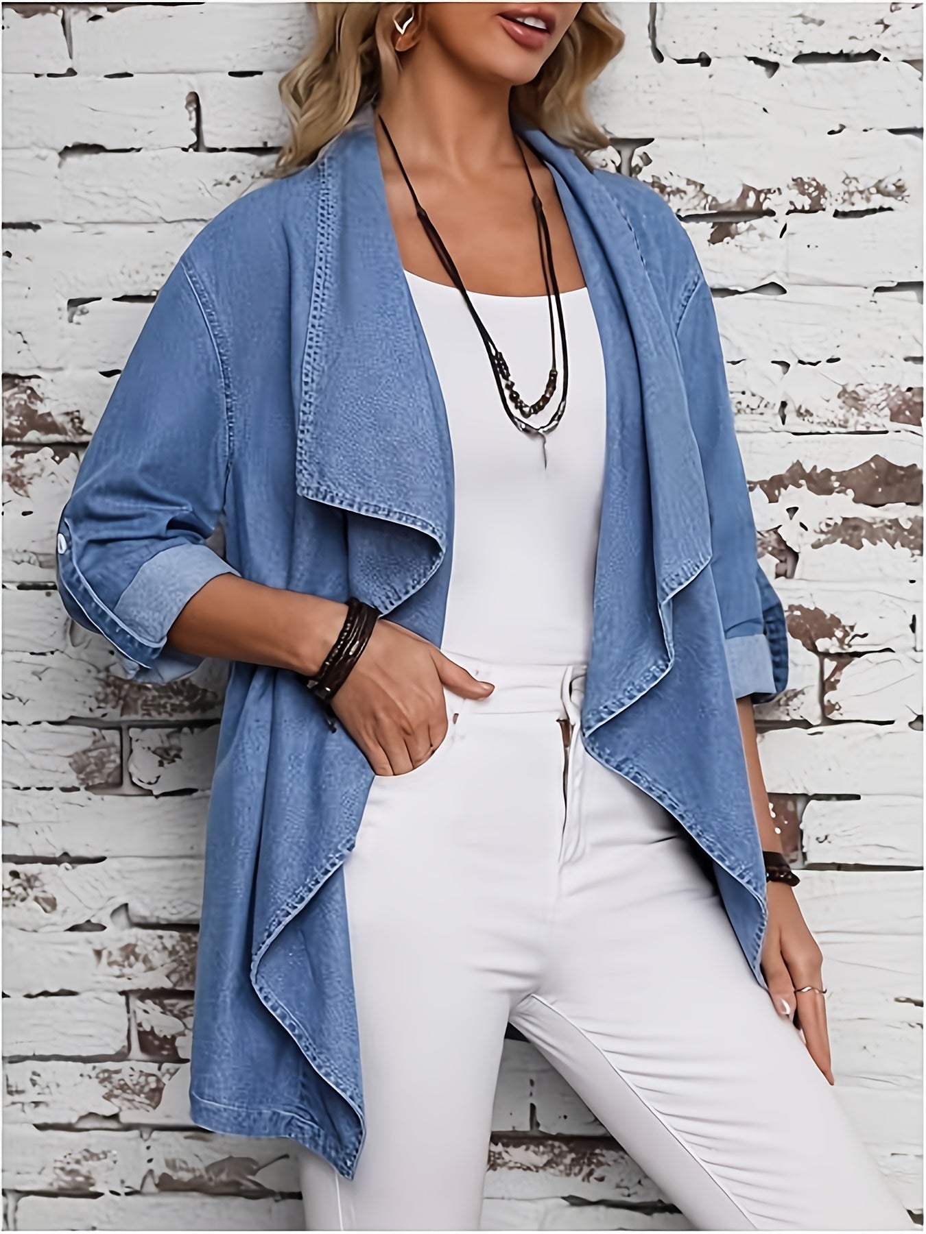 Women's Oversized Denim Jacket With Open Front Long Sleeve Washed Blue