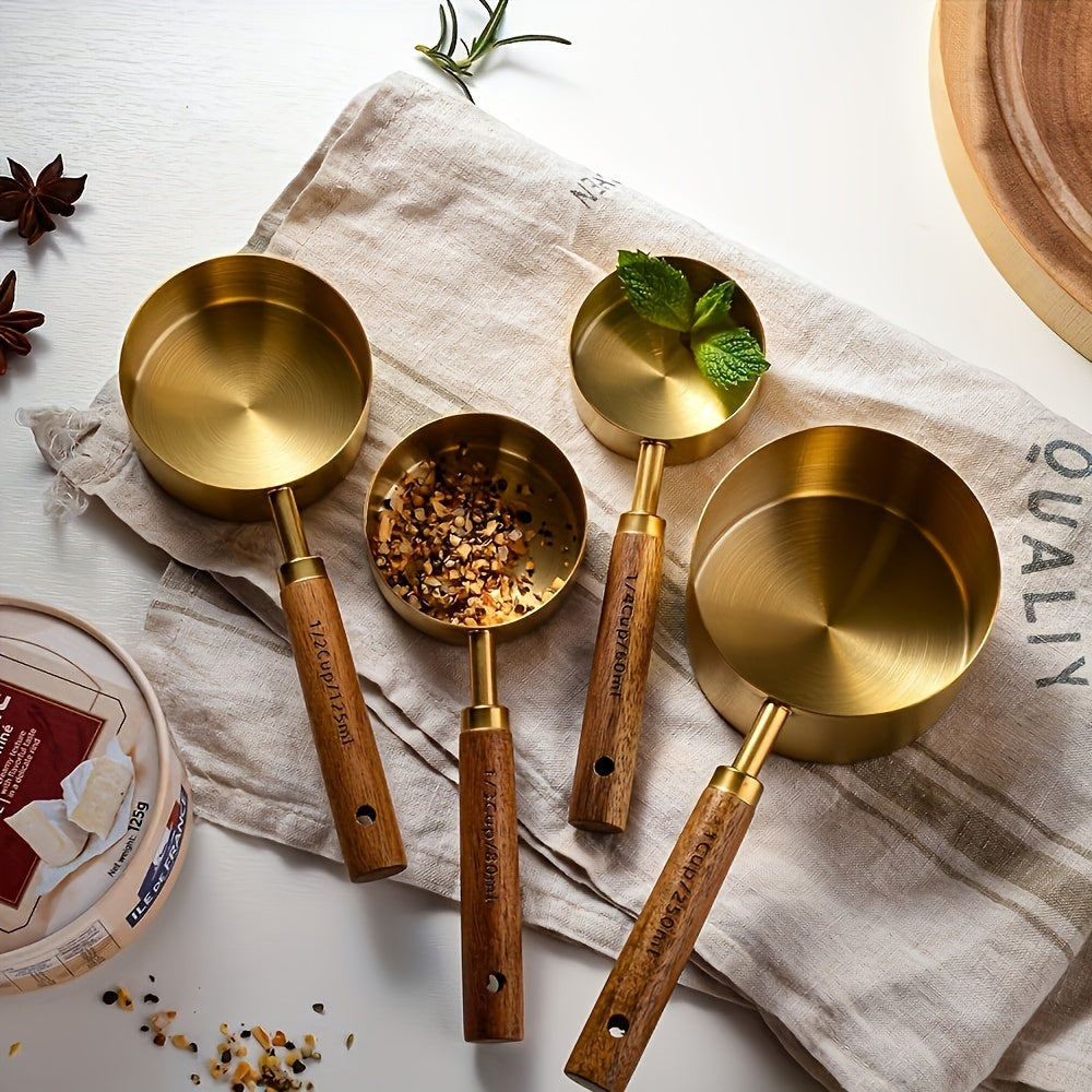 Set of 8 Golden Stainless Steel Measuring Cups and Spoons with Wooden Handles