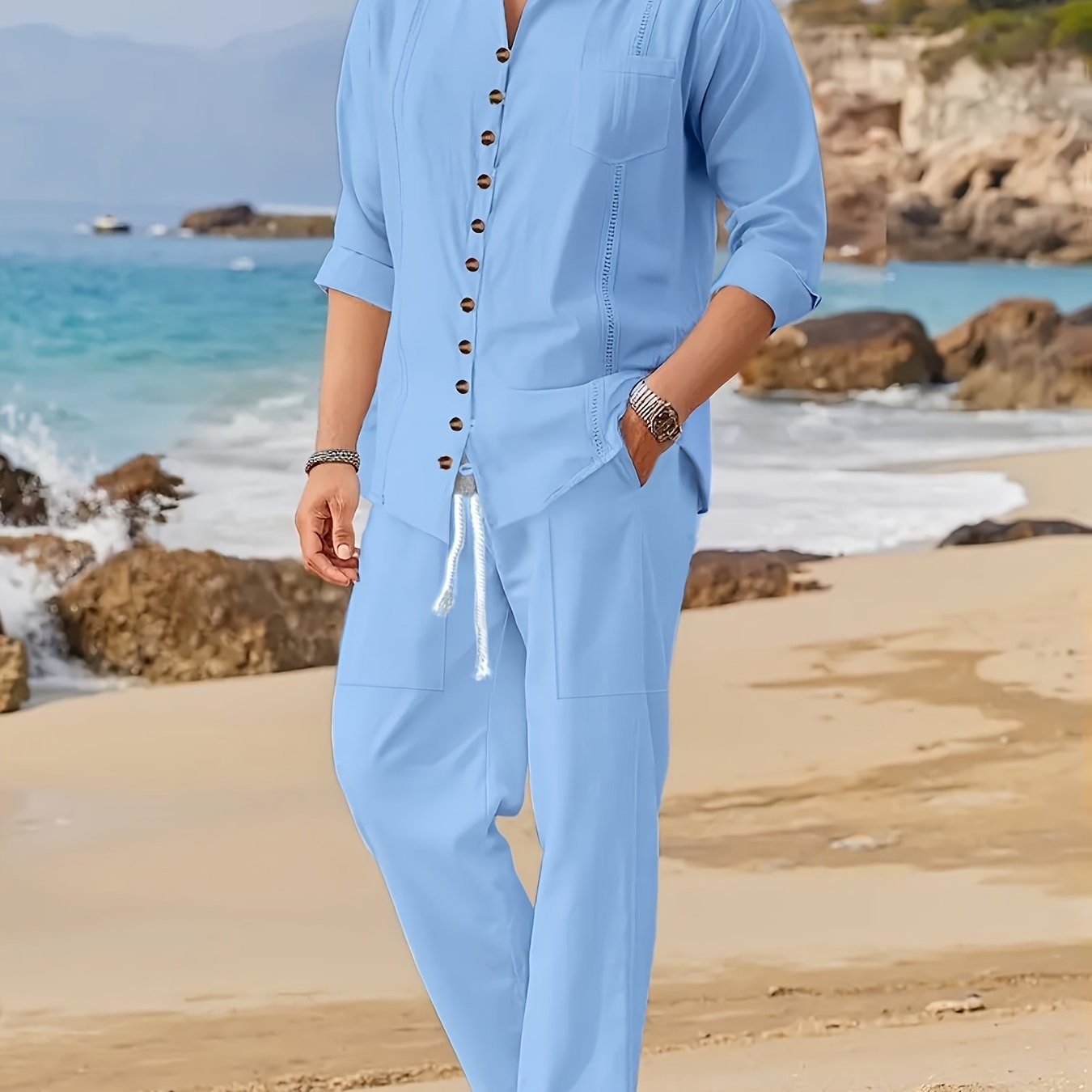 Men's Cotton Cuban Style Casual Suit for Spring and Autumn Two-Piece Set