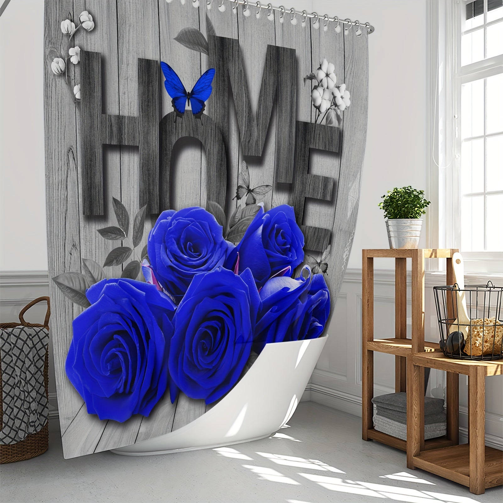 Romantic Rose and Butterfly Polyester Bathroom Set with Shower Curtain Non-Slip Mats Rug and Toilet Lid Cover