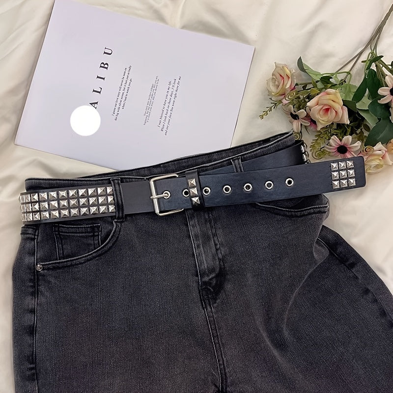 Women's Punk Style Rivet PU Leather Belt with Metal Buckle for Jeans