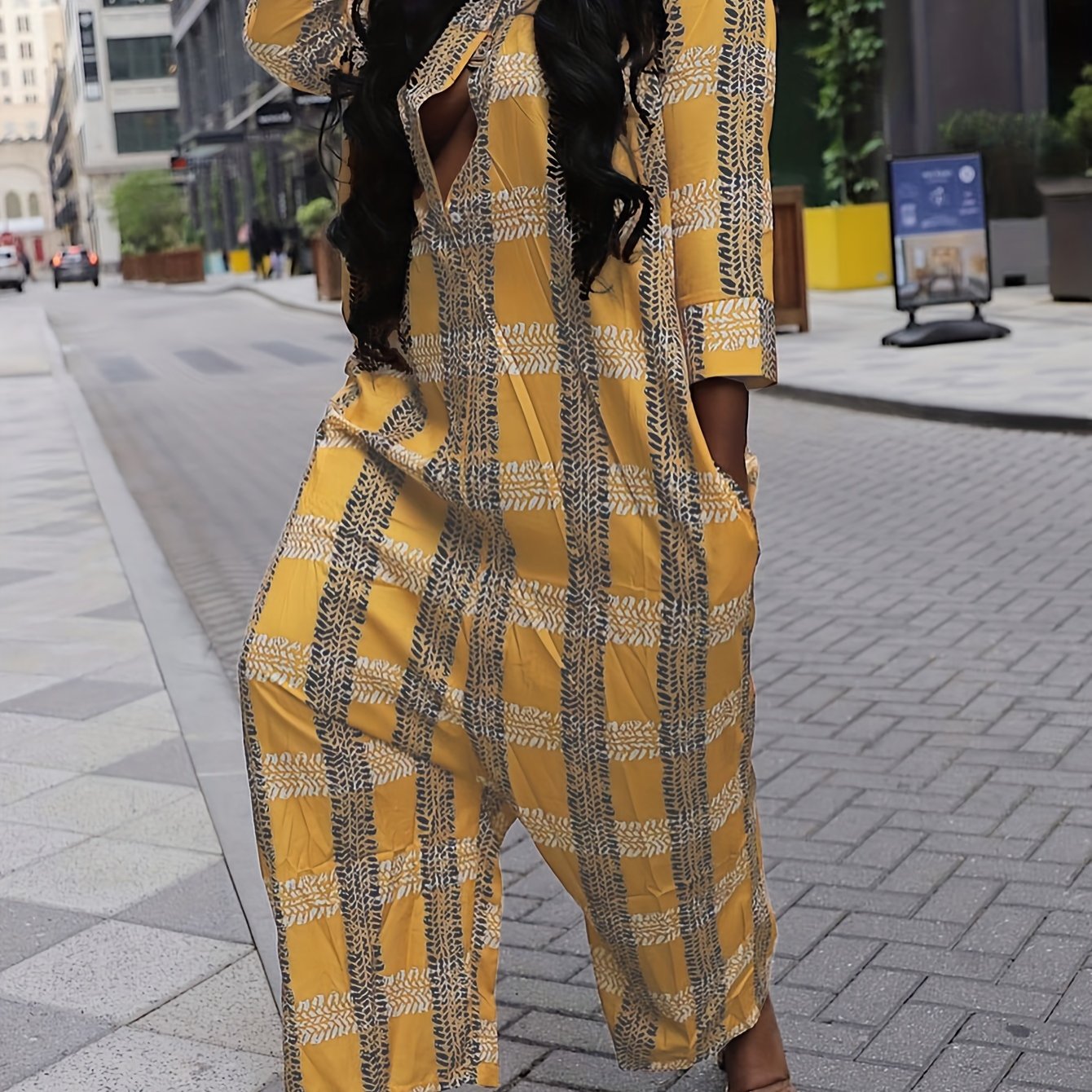 Plus Size Plaid Jumpsuit Casual Long Sleeve Button-Front Women‍s Clothing