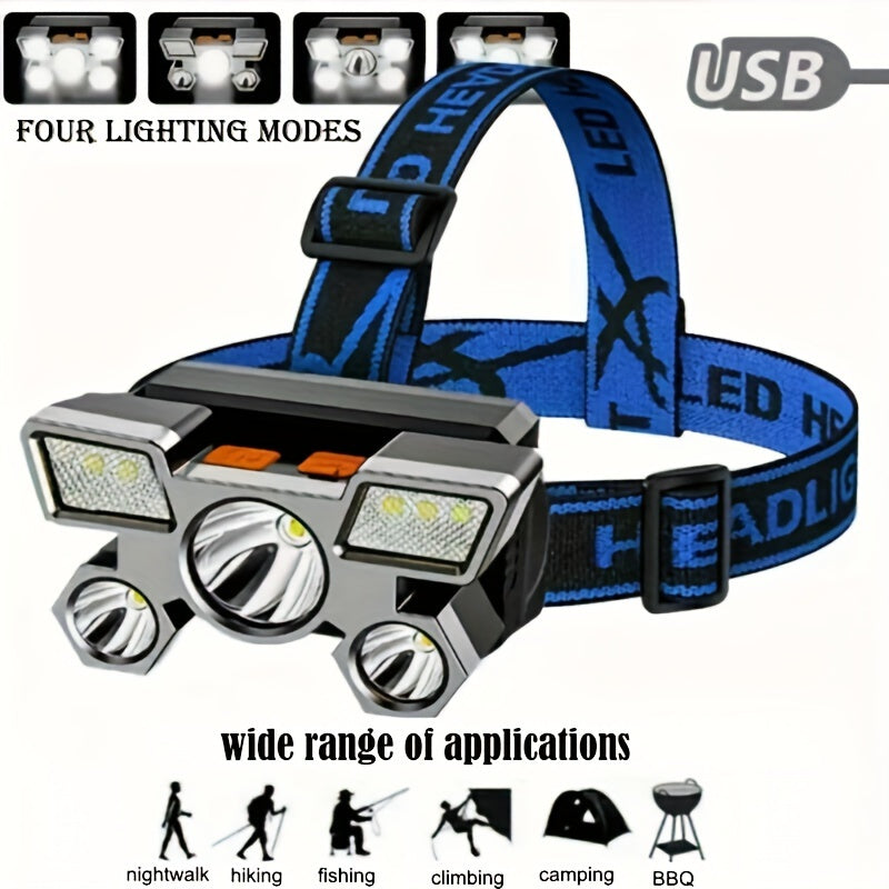 USB Rechargeable Headlamp with 5 LEDs, Dimmable, Hands-Free, Outdoor Camping Fishing Hunting