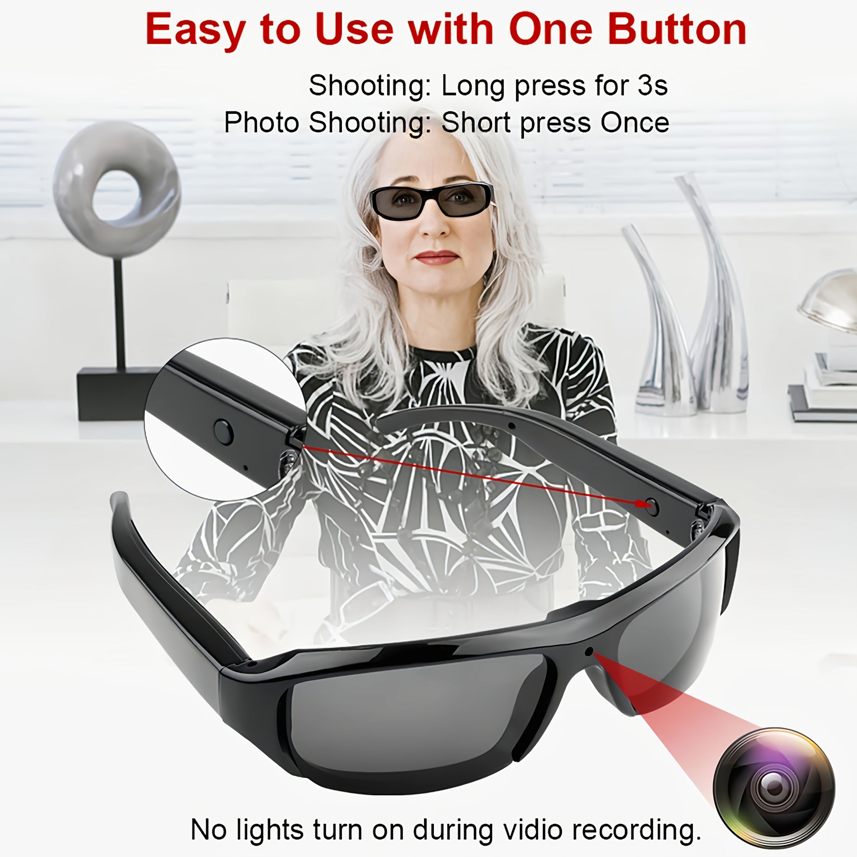 Gafas de vídeo HD para deportes y reuniones 1080P, ángulo amplio de 75°, memoria de 64GB incluida